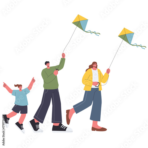 Healthy Families Illustration. Vector illustration of Parents and child fly kites together outdoors, enjoying windy weather and playful movement. Isolated on background