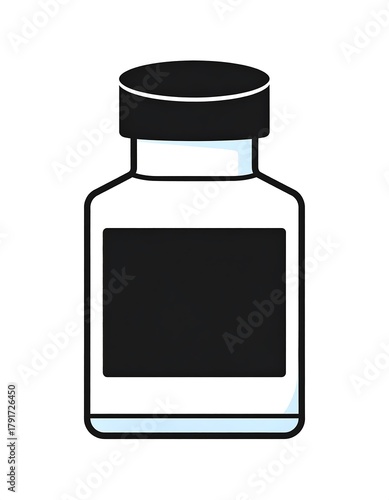 A simple, stylized illustration of a clear bottle with a dark lid and a dark rectangular label