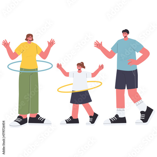 Healthy Families Illustration. Vector illustration of Parents and child play with hula hoops together, smiling and moving for fun and fitness. Isolated on background