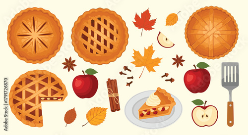 Autumn baked goods featuring apple pies and fall decorations