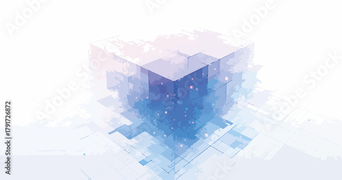 Abstrakcyjny geometryczny sześcian z niebieskimi i fioletowymi odcieniami na białym tle, nowoczesny design