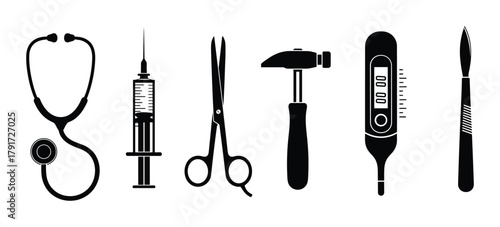 Set of medical and surgical tools. Stethoscope syringe scissors hammer thermometer scalpel.