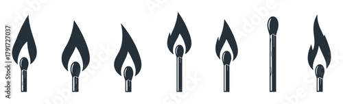 Set of lit matches and single unlit matchstick with fire flame silhouettes