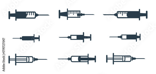 Set of nine diverse syringe icons in blue and white, suitable for medical and health designs