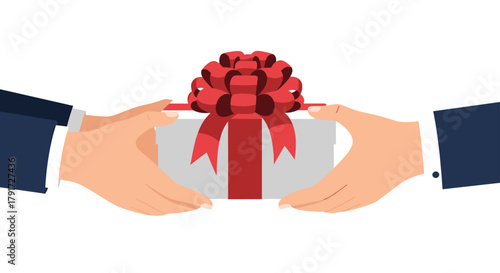 Two hands exchanging a beautifully wrapped gift with a red ribbon and bow.