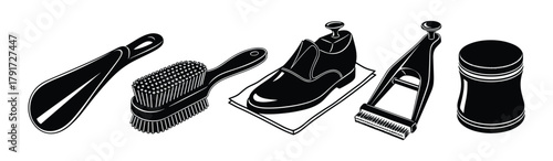 Shoe care icons set. shoehorn brush polish and repair tools. footwear maintenance element vector.