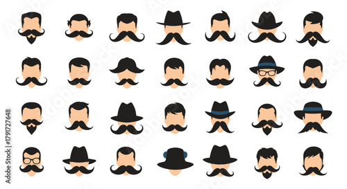 A collection of diverse hipster mustache and hat styles.