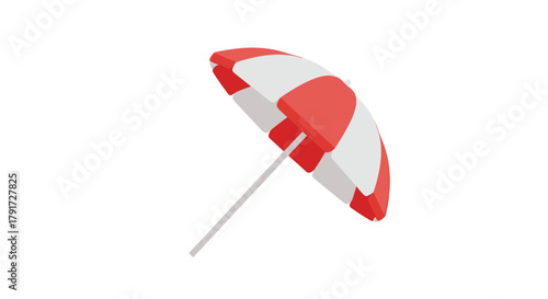 A simple red and white striped beach umbrella providing shade on a sunny day.