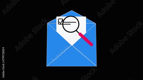 Open Blue Envelope with Paper and Magnifying Glass Icon mail letter animation. Animated blue envelope opens to reveal paper with magnifying glass, perfect for email, document inspection.