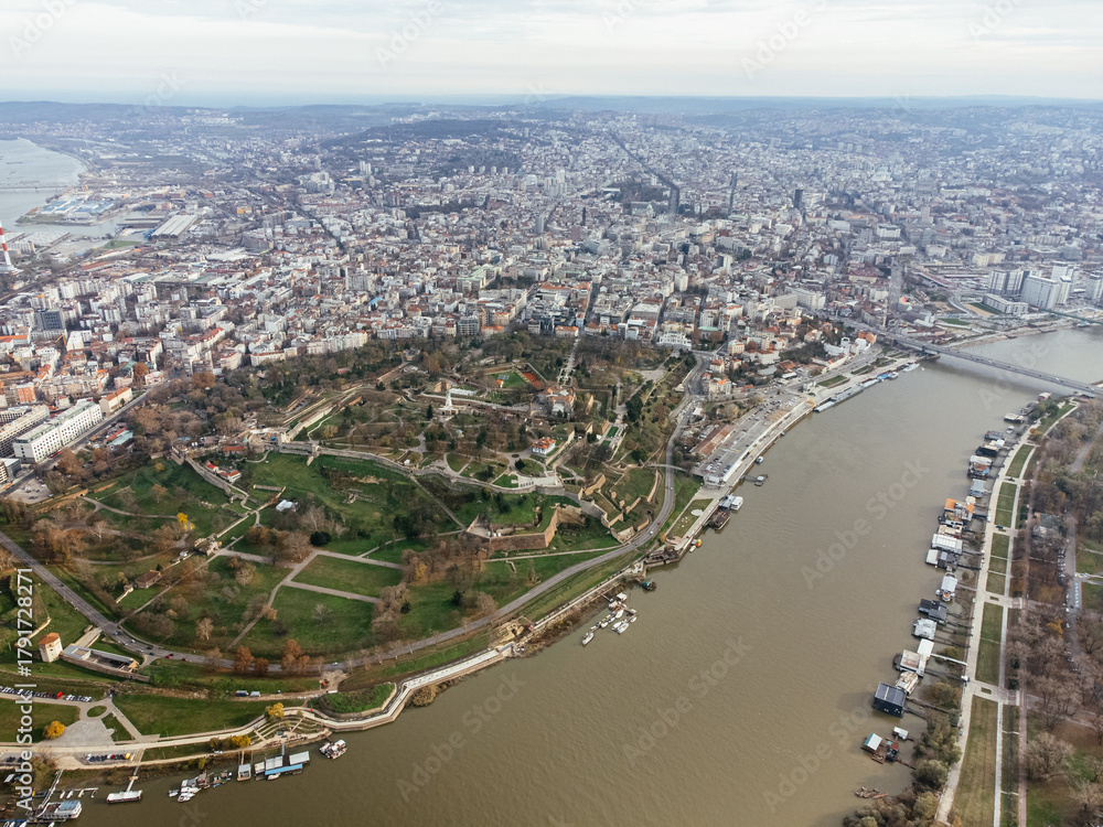 Fototapeta premium Aerial top view to Kalemegdan fortress at Belgrade. Summer photo from drone. Serbia.