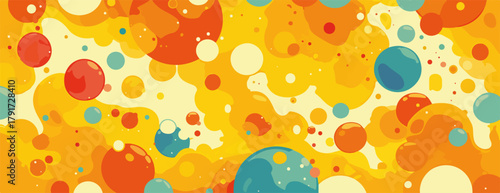 Abstrakcyjne tło z kolorowymi kropkami i plamami w odcieniach żółtego, pomarańczowego i czerwonego.