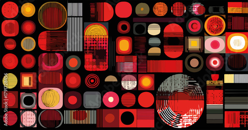 Abstrakcyjny kolaż geometrycznych kształtów w odcieniach czerwieni i czerni z teksturami.