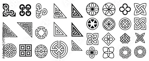 Celtic ornamental corners, irish border frame with knotted ornate traditional celtic decoration, knot corner elements, fancy page framing, medieval design art, vector isolated set.