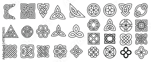 Celtic ornamental corners, irish border frame with knotted ornate traditional celtic decoration, knot corner elements, fancy page framing, medieval design art, vector isolated set.