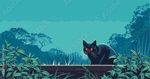 Czarny kot z czerwonymi oczami siedzący w trawie na tle nocnego nieba, wektor.