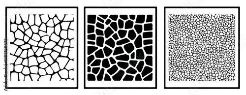 Trzy geometryczne wzory z nieregularnymi, wielokątnymi kształtami, czarno-białe
