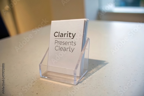 Clear acrylic holder displays white card with text on desk