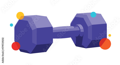 A vibrant purple dumbbell sits center frame surrounded by colorful circles suggesting energy and movement.