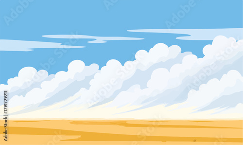 Wektorowa ilustracja krajobrazu z puszystymi chmurami na błękitnym niebie i pustynnym horyzontem
