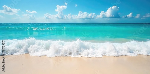 Sun-drenched turquoise ocean waves crash on a pristine sandy beach, untouched by human development The vibrant colors and tranquil scene evoke a sense of pure, natural beauty , sunshine, scenic