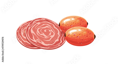 Delicious sliced cured meat next to three whole red fruits for a balanced meal.