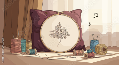 A serene scene unfolds with delicate embroidery of a floral branch taking center stage amidst a collection of colorful thread spools and needles artfully arranged.
