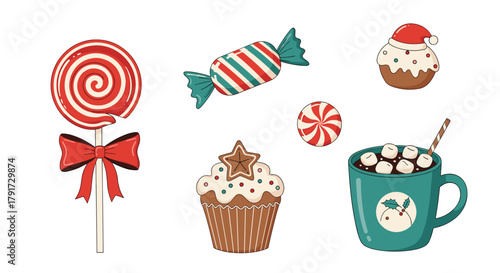 A sweet collection of festive holiday treats including a swirl lollipop a candy cane wrapper cupcake and hot cocoa.