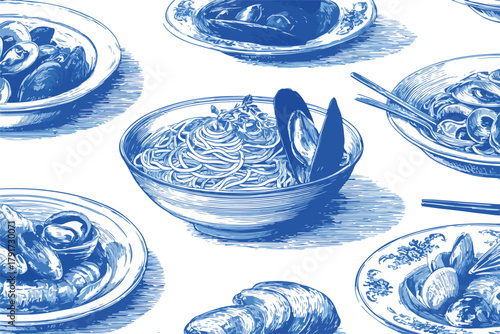 Ilustracja wektorowa w stylu szkicu, przedstawiająca różnorodne dania kuchni azjatyckiej i europejskiej na białym tle.