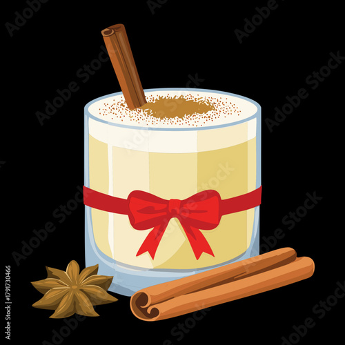 Classic Creamy Eggnog Drink with Cinnamon Stick Garnish and Red Ribbon Decoration in a Glass Mug - Vector Illustration