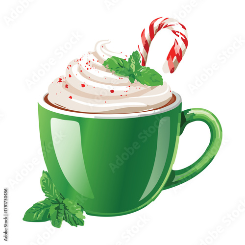 Cozy Warm Eggnog or Latte Drink Topped with Whipped Cream and Cinnamon Stick in a Green Mug for Christmas - Vector Illustration