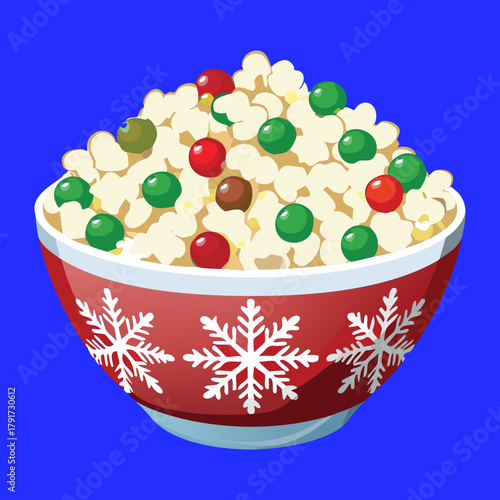 Festive Holiday Snack Mix of Popcorn, Pretzels, and Candies in Red and Green Colors Served in a Snowflake Bowl - Vector Illustration