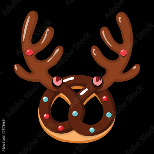 Festive Pretzel Snack Decorated to Look Like a Reindeer Face with Chocolate Antlers and Glaze Icing - Vector Illustration