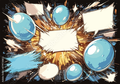 Wektorowa grafika w stylu komiksowym z balonami i pustymi dymkami do tekstu na wybuchowym tle.