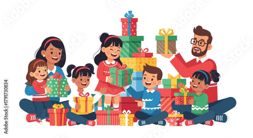 Happy diverse family and children celebrating christmas exchanging colorful gift boxes and presents together on white background