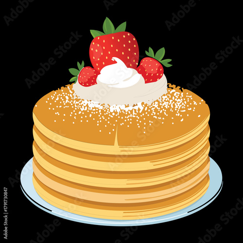 Tall Stack of Golden Pancakes Topped with Fresh Strawberries and Generous Whipped Cream for a Sweet Breakfast - Vector Illustration