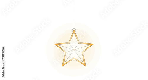 A single glowing golden star ornament hangs suspended against a clean white background with a soft luminous aura