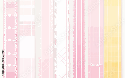 Delikatne pastelowe tło z różowymi i białymi wstążkami, koronkami i geometrycznymi wzorami.