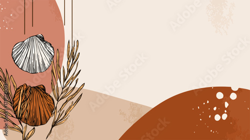 Wektorowa ilustracja z muszlami i suchymi roślinami w ciepłych, neutralnych kolorach, idealna do projektów graficznych.