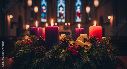 Advent Wreath Candles Lit in Church Celebrating First Sunday of Christmas Tradition