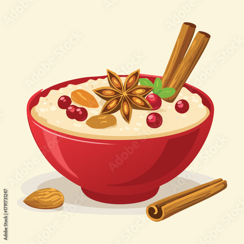 Creamy Porridge or Rice Pudding Garnished with Cinnamon Sticks, Star Anise, and Almonds in a Red Bowl - Vector Illustration