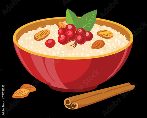 Warm Holiday Porridge or Oatmeal with Red Berries, Mint, and Cinnamon Stick Garnish Served in a Red Bowl - Vector Illustration