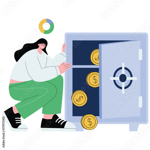 Analyzing Budget Illustration. Vector illustration of Woman stores coins in a secure safe, symbolizing savings, protection, and financial security. Isolated on background