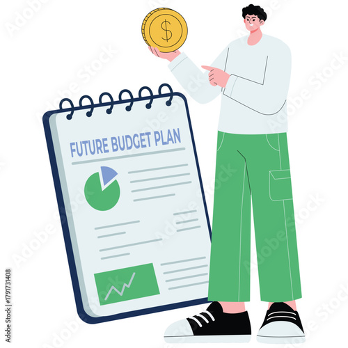 Analyzing Budget Illustration. Vector illustration of Man presents a future budget plan on a clipboard with charts and a coin symbol for financial goals. Isolated on background