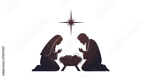 Nativity scene silhouette of mary and joseph kneeling by baby jesus in a manger under the star of bethlehem