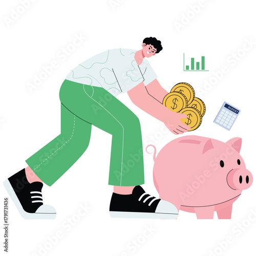 Analyzing Budget Illustration. Vector illustration of Man saving coins into a piggy bank for budgeting and financial goals. Isolated on background