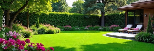 Tranquil backyard oasis featuring lush green grass, vibrant flowerbeds, and a serene patio area, perfect for relaxation and outdoor entertaining , patio, lawn care, home improvement