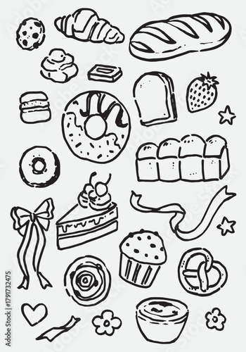 Hand draw bakery and dessert doodles. Vector illustration of bread and cake icons in naive art style , crayon drawing. Minimalist black ink line art.