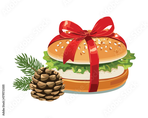 Delicious Hamburger or Sandwich Wrapped with a Red Ribbon and Bow, Featuring a Pine Sprig and Pinecone for Christmas - Vector Illustration