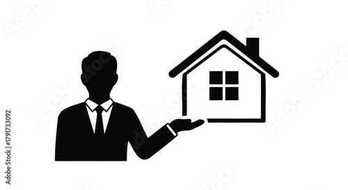 Vector illustration of silhouette of a man in a suit presenting a house icon, symbolizing real estate services