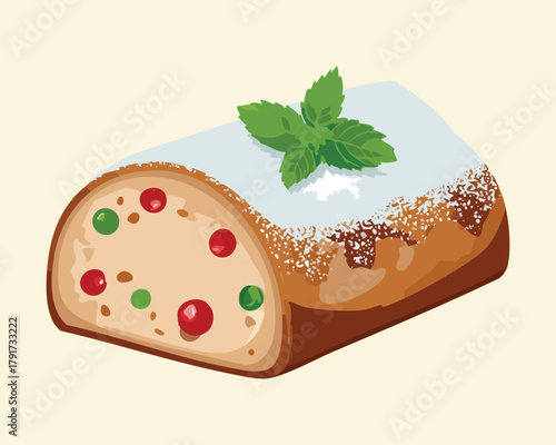 Traditional German Christmas Stollen Bread with Powdered Sugar, Candied Fruits, and Fresh Mint Garnish - Vector Illustration